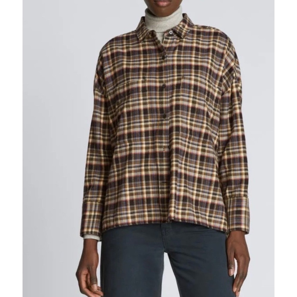 NWT Everlane Size Small‎ BOXY FLANNEL LONG Sleeve Brown Button Up 100% Cotton